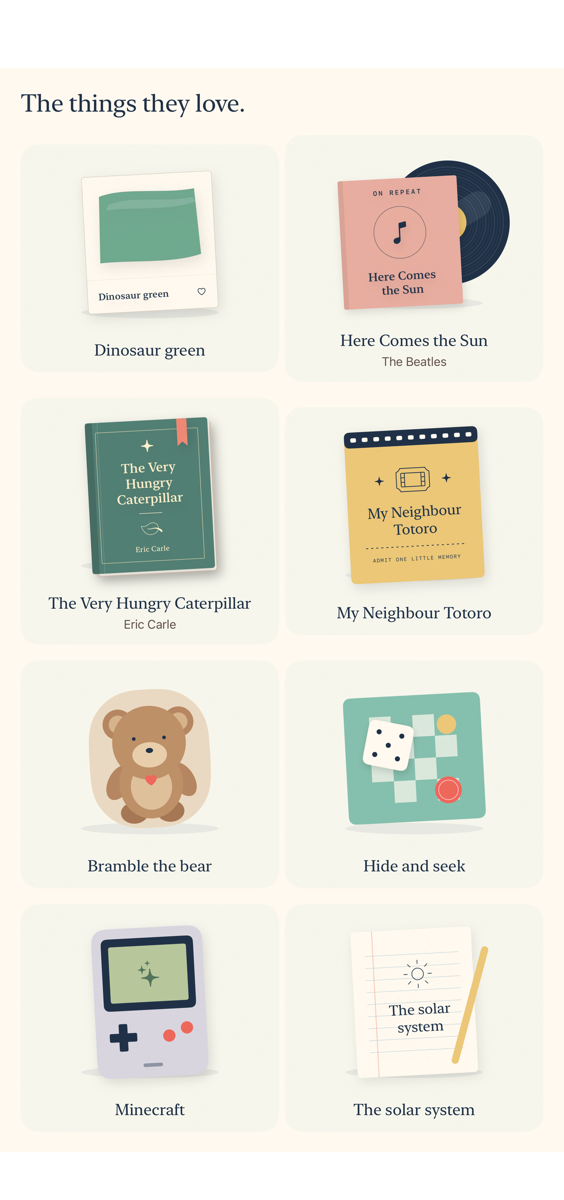 Kins favourites collection with a colour swatch, record, book, film, teddy and game