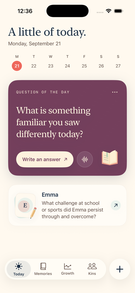 Kins Today screen with a thoughtful daily question and a child's memory prompt