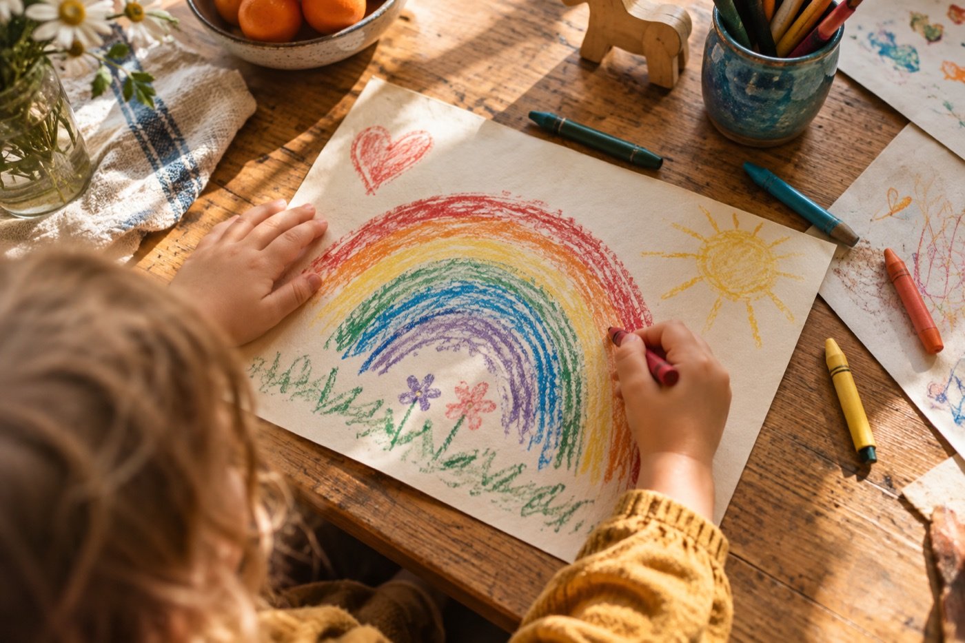 Little hands drawing a rainbow at the kitchen table
