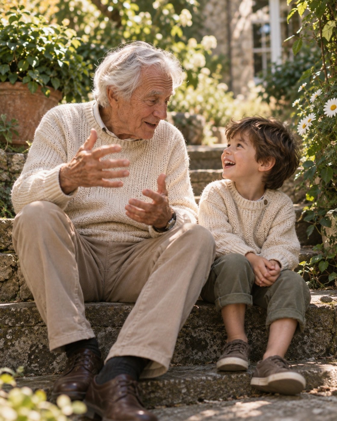 A grandfather and child sharing a laugh in the garden