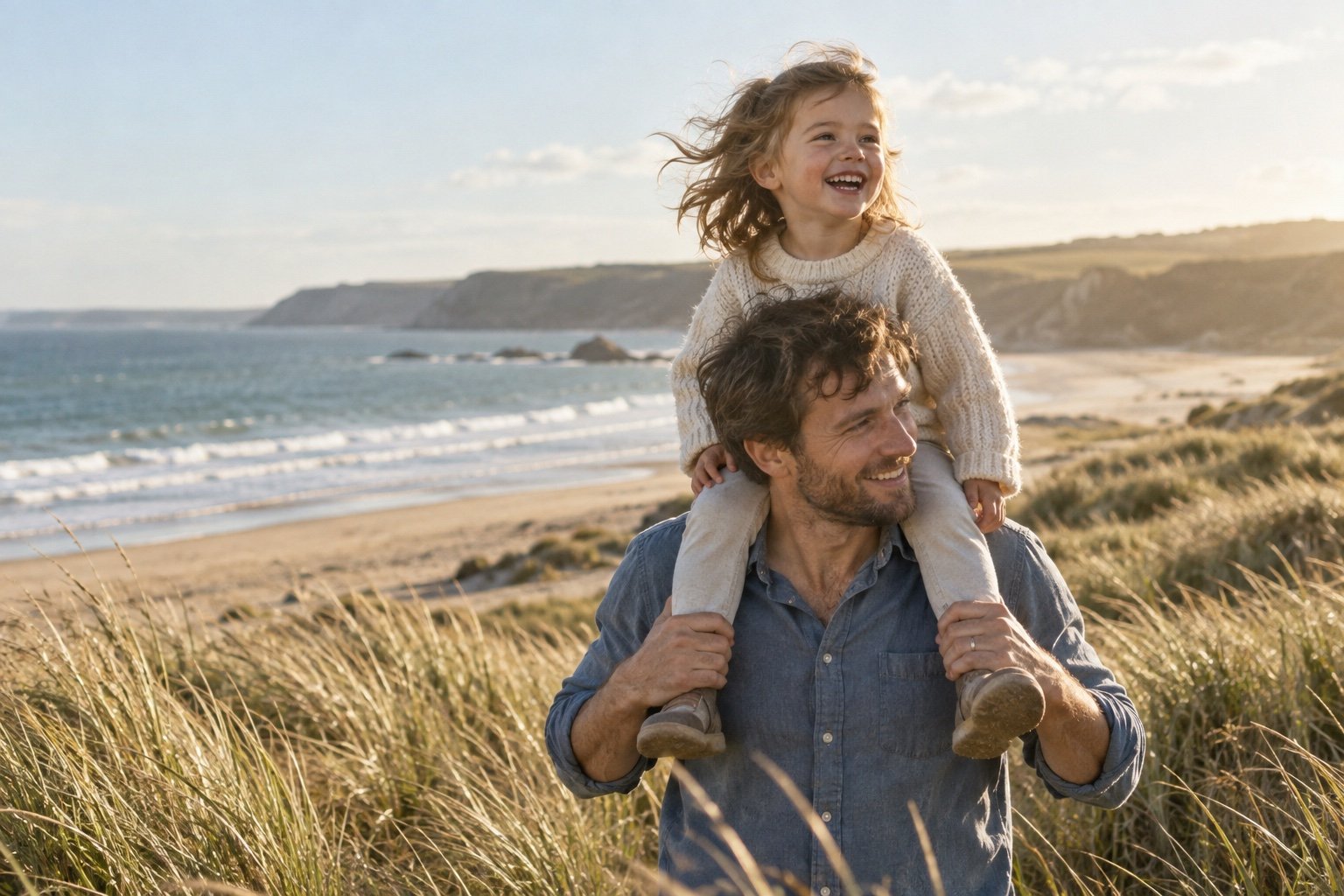 A daughter riding on her dad’s shoulders by the sea