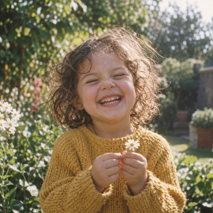 A laughing child holding a daisy